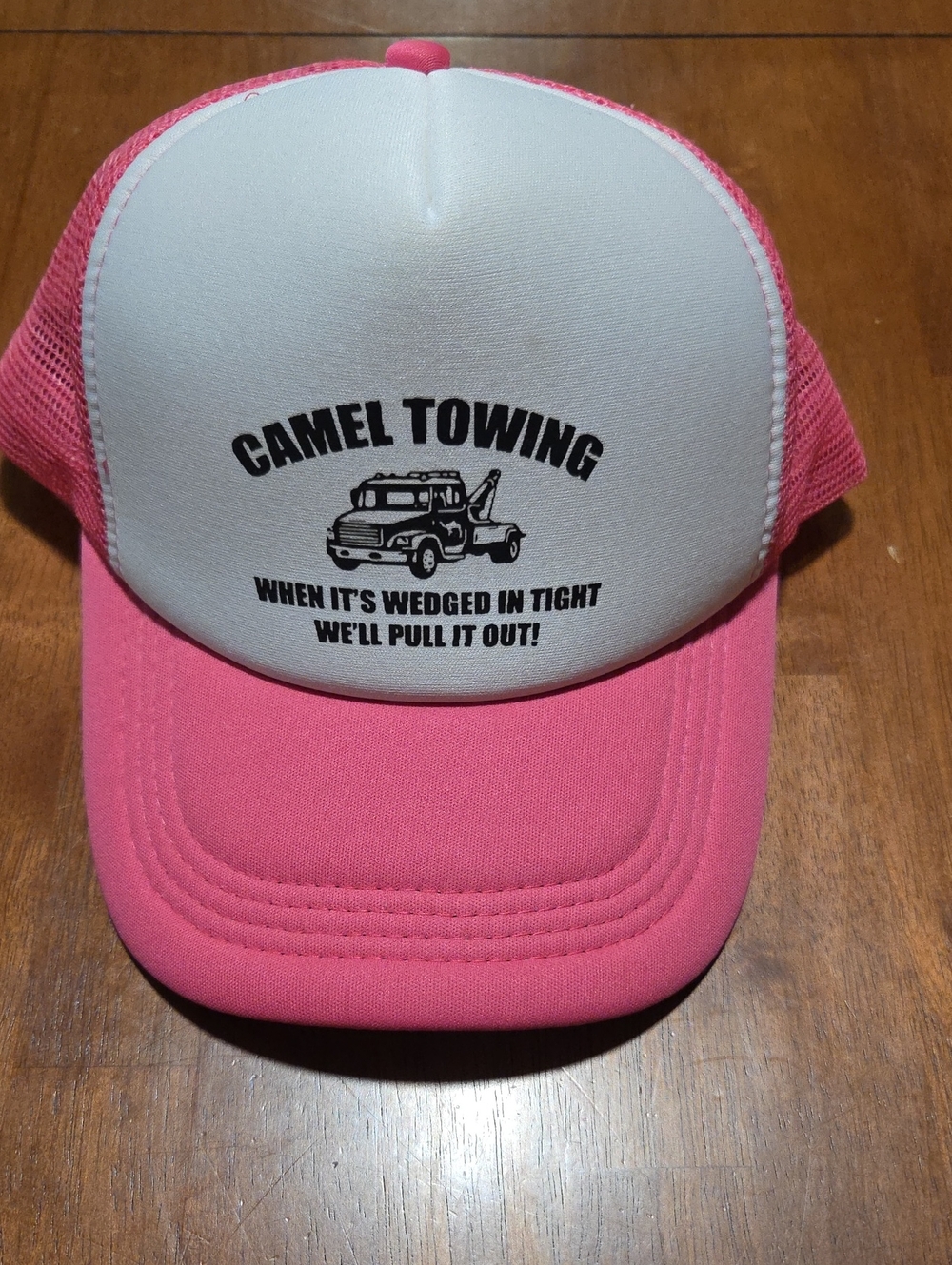 Pink and White Trucker Hat with Camel Towing Graphic